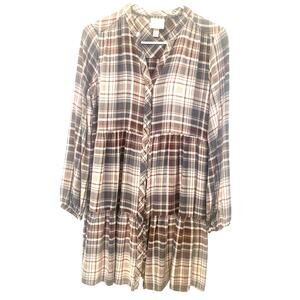 Knox Rose Baby Doll Dress S  Brown Plaid Prairie Schoolgirl Ruffle Hem Academia